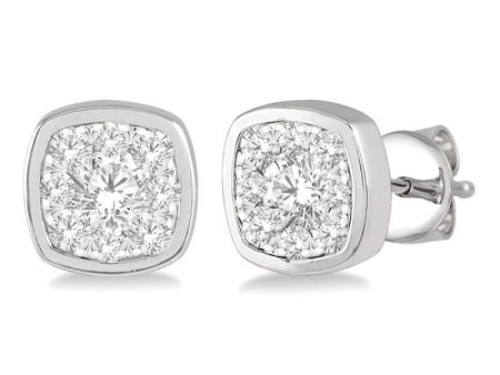 1 3 ctw Cushion Shape Round Cut Diamond Lovebright  Bezel Stud Earring in 14K White Gold Fashion