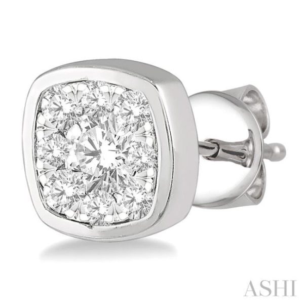 1 3 ctw Cushion Shape Round Cut Diamond Lovebright  Bezel Stud Earring in 14K White Gold Fashion