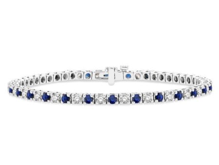 1 1 2 ctw Square Box Link 2.5MM Sapphire and Round Cut Diamond Precious Tennis Bracelet in 14K White Gold For Discount