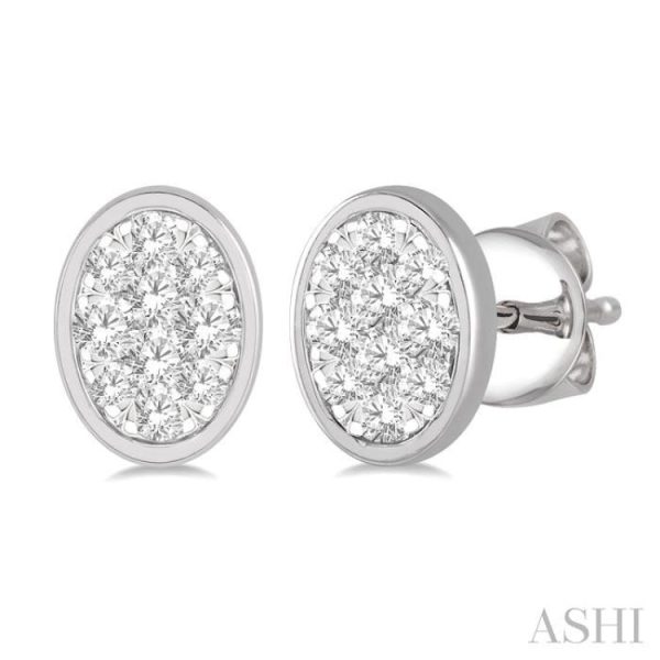 1 3 ctw Oval Shape Lovebright Round Cut Diamond Bezel Stud Earring in 14K White Gold on Sale