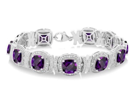 1 10 ctw Cushion Shape 7X7 MM Amethyst and Round Cut Diamond Semi Precious Bracelet in Sterling Silver Cheap