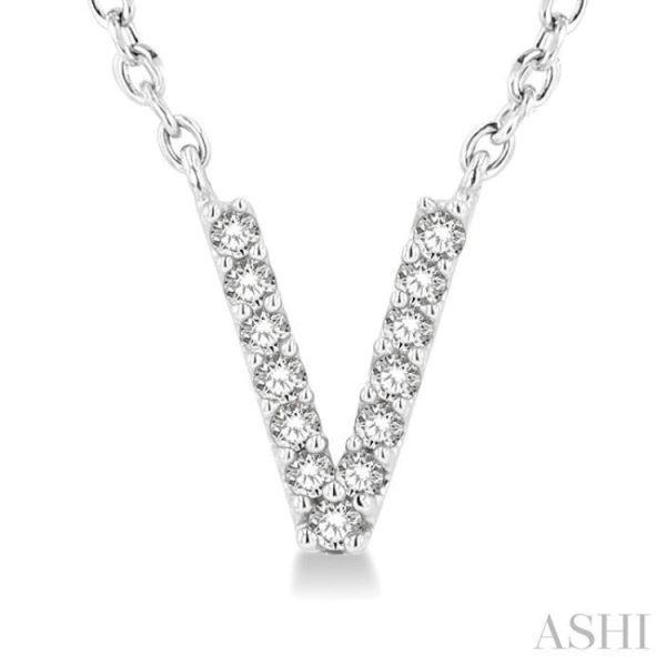 1 20 Ctw Initial  V  Round Cut Diamond Pendant With Chain in 14K White Gold For Discount