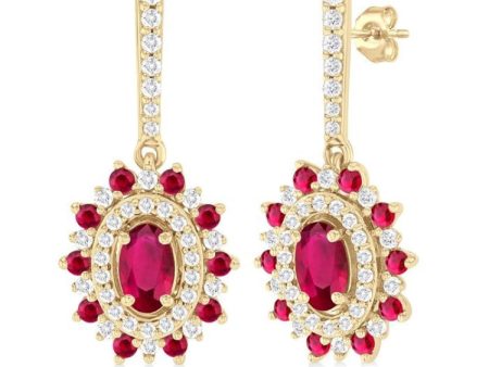 1 3 ctw 5x3 MM & 1.45 MM Ruby and Round Cut Diamond Precious Earring in 14K Yellow Gold Online