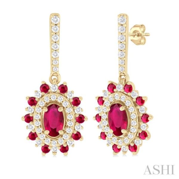 1 3 ctw 5x3 MM & 1.45 MM Ruby and Round Cut Diamond Precious Earring in 14K Yellow Gold Online