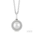 1 20 ctw Petite Round Cut Diamond Halo and 6X6 MM Cultured Pearl Fashion Pendant With Chain in 10K White Gold on Sale