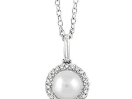 1 20 ctw Petite Round Cut Diamond Halo and 6X6 MM Cultured Pearl Fashion Pendant With Chain in 10K White Gold on Sale