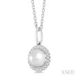 1 20 ctw Petite Round Cut Diamond Halo and 6X6 MM Cultured Pearl Fashion Pendant With Chain in 10K White Gold on Sale