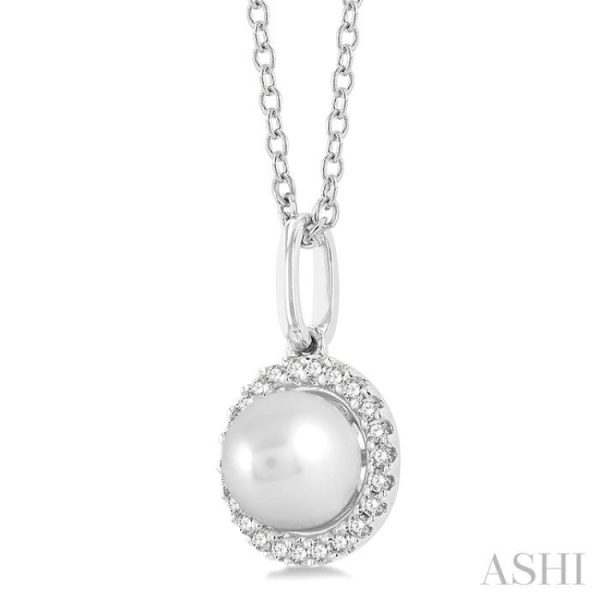 1 20 ctw Petite Round Cut Diamond Halo and 6X6 MM Cultured Pearl Fashion Pendant With Chain in 10K White Gold on Sale