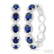 1 2 ctw Oval Cut 4X3 MM Sapphire and Round Cut Diamond Halo Precious Hoop Earring in 14K White Gold Sale