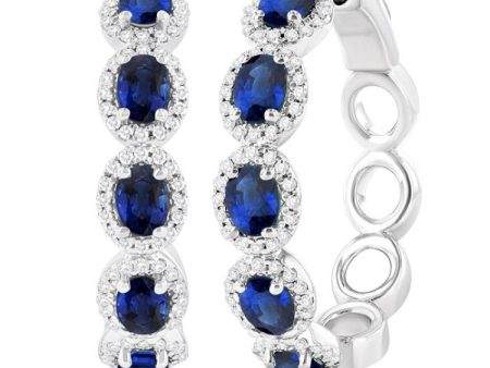 1 2 ctw Oval Cut 4X3 MM Sapphire and Round Cut Diamond Halo Precious Hoop Earring in 14K White Gold Sale