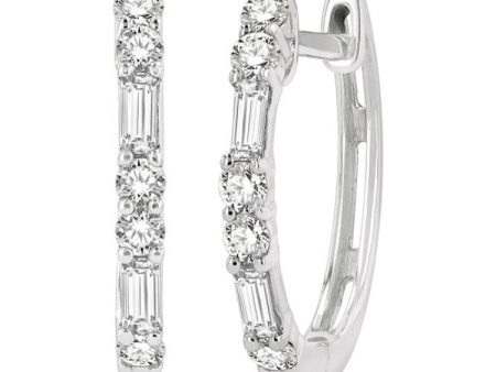 1 3 ctw Baguette and Single Cut Diamond Petite Huggies in 14K White Gold Cheap