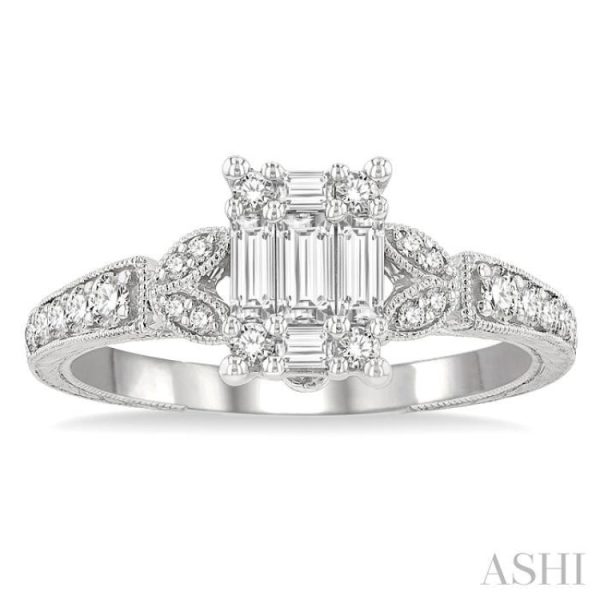 1 2 ctw Carved Shank Fusion Baguette and Round Cut Diamond Engagement Ring in 14K White Gold Cheap