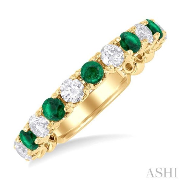 1 2 ctw Round Cut 2.85MM Emerald and Diamond Precious Wedding Band in 14K Yellow Gold Discount