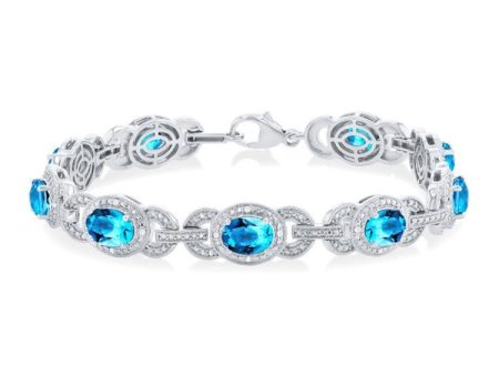 1 10 ctw Oval Shape 7x5 MM Blue Topaz and Round Cut Diamond Semi Precious Bracelet in Sterling Silver Hot on Sale