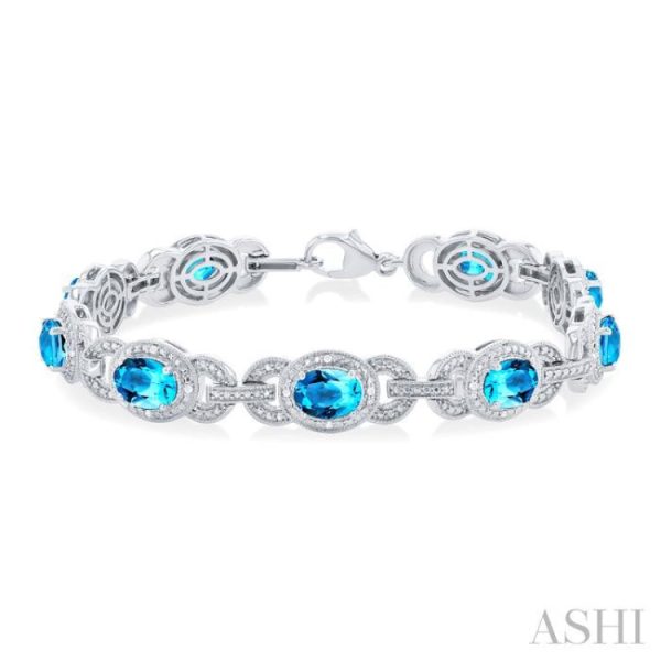 1 10 ctw Oval Shape 7x5 MM Blue Topaz and Round Cut Diamond Semi Precious Bracelet in Sterling Silver Hot on Sale