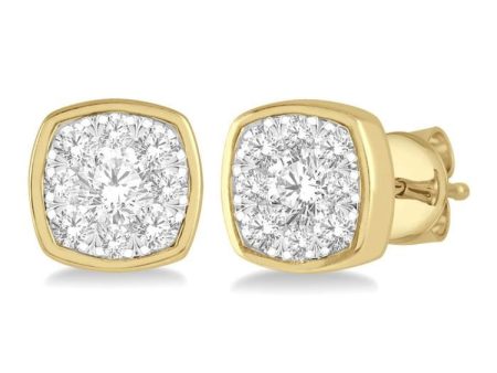 1 3 ctw Cushion Shape Round Cut Diamond Lovebright Bezel Stud Earring in 14K Yellow and White Gold Online Hot Sale