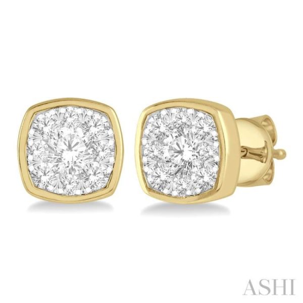 1 3 ctw Cushion Shape Round Cut Diamond Lovebright Bezel Stud Earring in 14K Yellow and White Gold Online Hot Sale