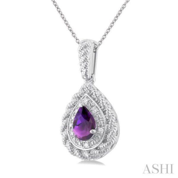 1 20 ctw Pear Cut 7X5 MM Amethyst and Round Cut Diamond Semi Precious Pendant With Chain in Sterling Silver on Sale