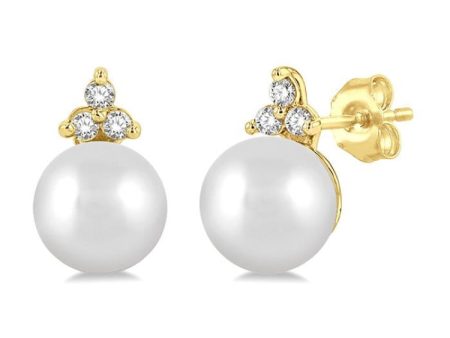 1 20 ctw Petite 5.5 MM Cultured Pearls and Round Cut Diamond Fashion Stud Earring in 10K Yellow Gold For Cheap