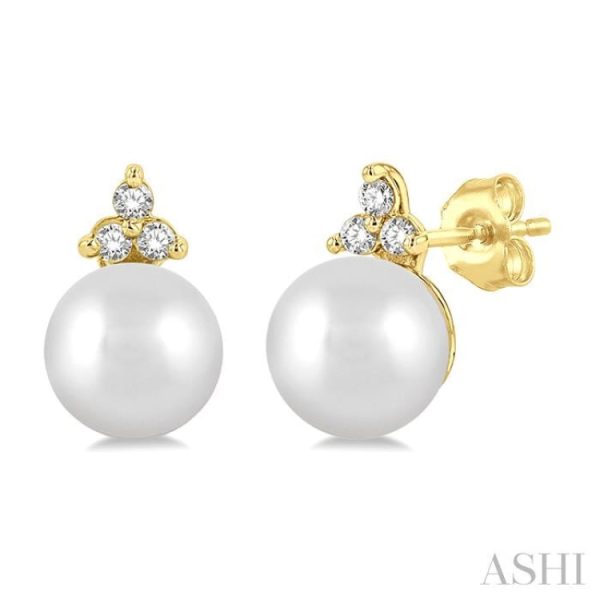 1 20 ctw Petite 5.5 MM Cultured Pearls and Round Cut Diamond Fashion Stud Earring in 10K Yellow Gold For Cheap