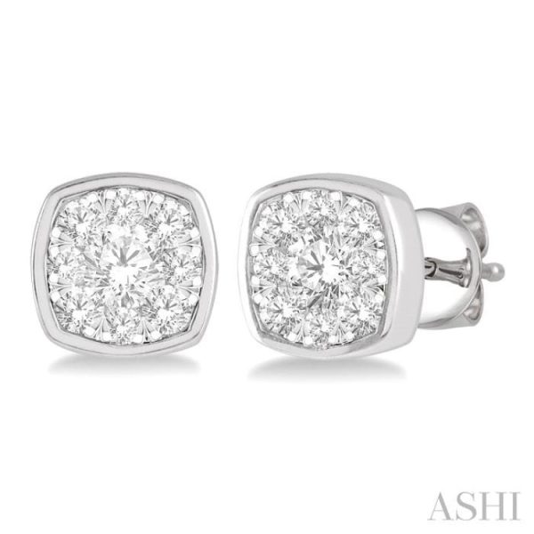 1 2 ctw Cushion Shape Round Cut Diamond Lovebright  Bezel Stud Earring in 14K White Gold Online Hot Sale