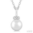 1 20 ctw Petite 6X6 MM Cultured Pearl and Round Cut Diamond Crown Fashion Pendant With Chain in 10K White Gold Fashion