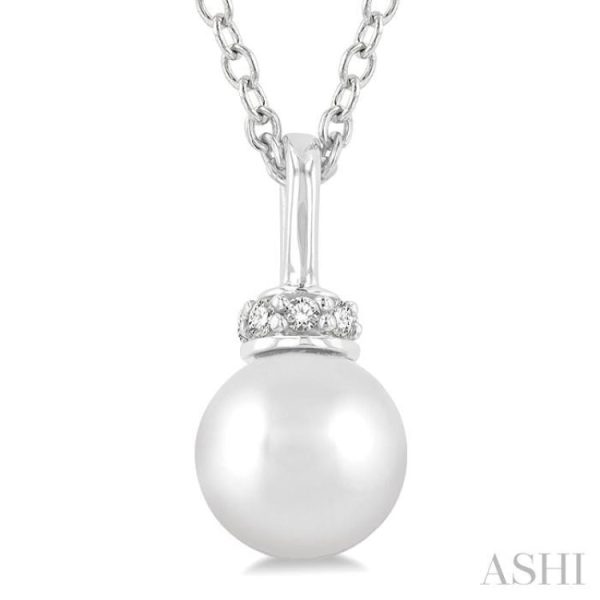 1 20 ctw Petite 6X6 MM Cultured Pearl and Round Cut Diamond Crown Fashion Pendant With Chain in 10K White Gold Fashion