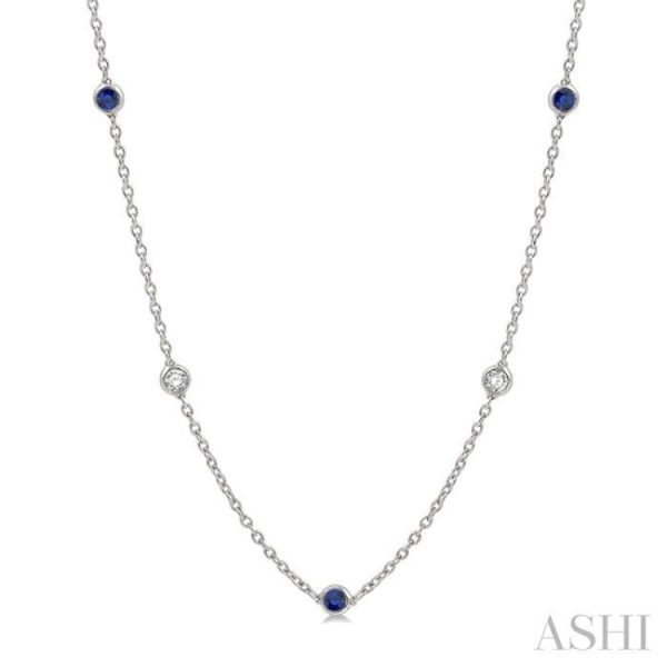 1 2 ctw Round Cut Diamond and 2.85MM Sapphire Precious Station Necklace in 14K White Gold on Sale