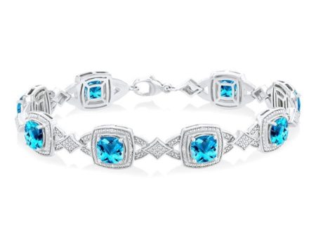 1 10 ctw Cushion Shape 7X7 MM Blue Topaz and Round Cut Diamond Semi Precious Bracelet in Sterling Silver For Sale