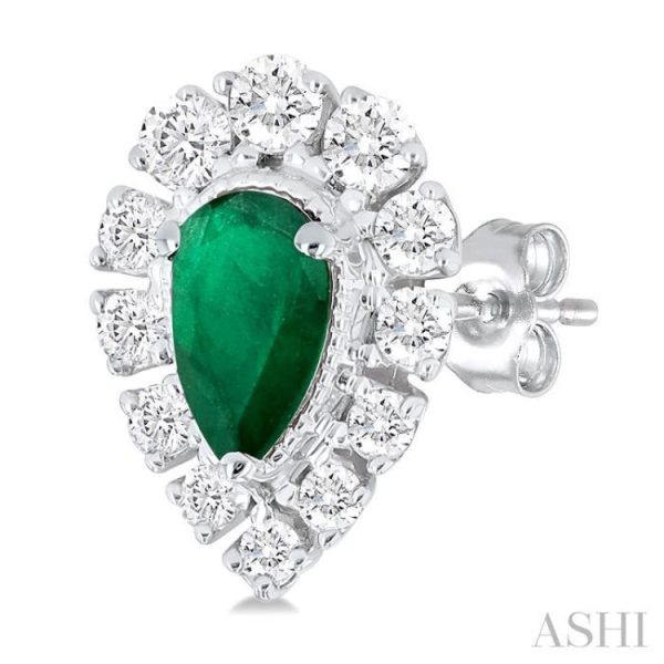 1 3 ctw Pear Cut 5x3 MM Emerald and Round Cut Diamond Precious Stud Earring in 14K White Gold Online now