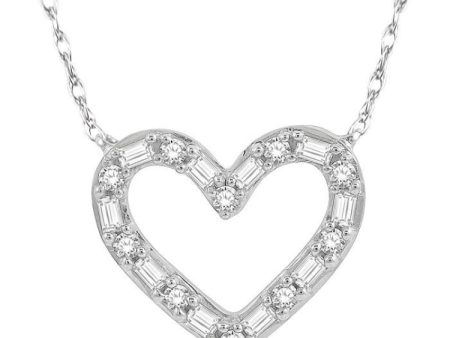 1 4 Ctw Heart Charm Baguette and Round Cut Diamond Necklace in 14K White Gold on Sale