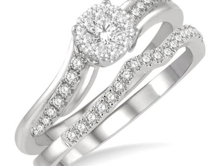 1 2 ctw Lovebright Diamond Wedding Set With 1 3 ctw Circular Mount Bypass Engagement Ring and 1 6 ctw Chevron Wedding Band in 14K White Gold Fashion