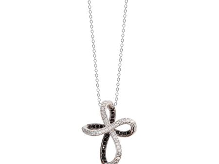 Platinum & Black Rhodium Finish Sterling Silver Ribbon Cross with Simulated Diamonds on 18  Cable Chain on Sale