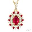 1 4 ctw Floral 6X4 MM Oval & 1.55 MM Round Cut Ruby and Round Cut Diamond Precious Pendant With Chain in 14K Yellow Gold For Sale