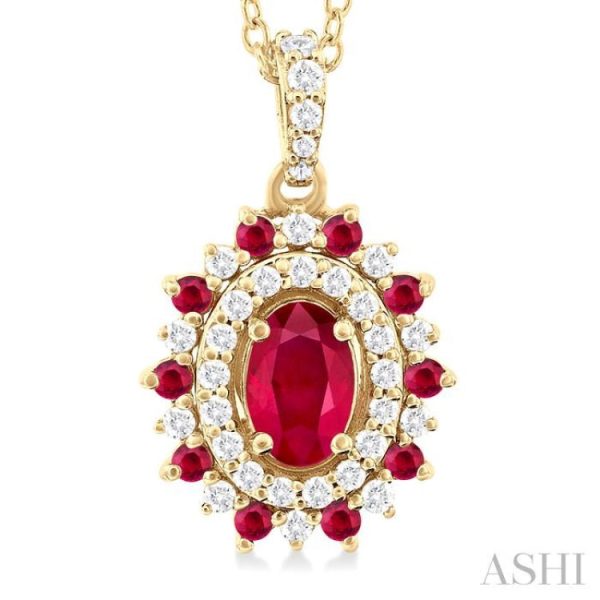 1 4 ctw Floral 6X4 MM Oval & 1.55 MM Round Cut Ruby and Round Cut Diamond Precious Pendant With Chain in 14K Yellow Gold For Sale