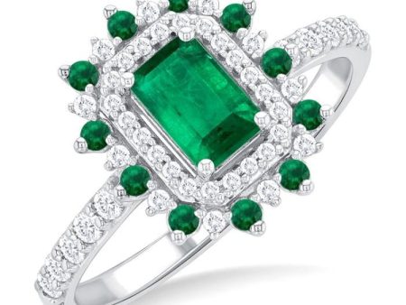 1 3 ctw Floral 6X4 MM Emerald & 1.5 MM Round Cut Ruby and Round Cut Diamond Precious Ring in 14K White Gold Online now