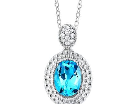 1 20 ctw Oval Cut 8X6 MM Blue Topaz and Round Cut Diamond Semi Precious Pendant With Chain in Sterling Silver Sale