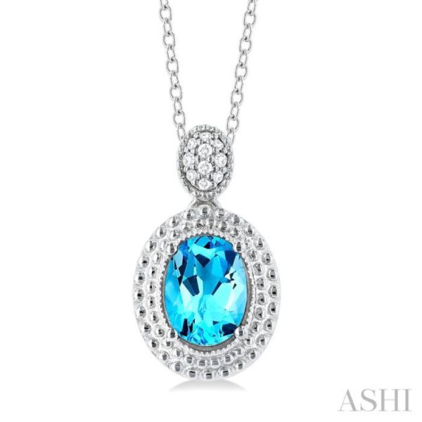 1 20 ctw Oval Cut 8X6 MM Blue Topaz and Round Cut Diamond Semi Precious Pendant With Chain in Sterling Silver Sale