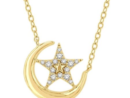 1 10 Ctw Crescent Moon and Star Round Cut Petite Diamond Fashion Pendant With Chain in 10K Yellow Gold Fashion