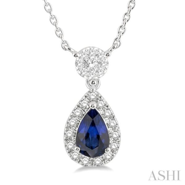 1 3 ctw Pear Cut 6X4MM Sapphire and Round Cut Diamond Lovebright Precious Necklace in 14K White Gold Discount