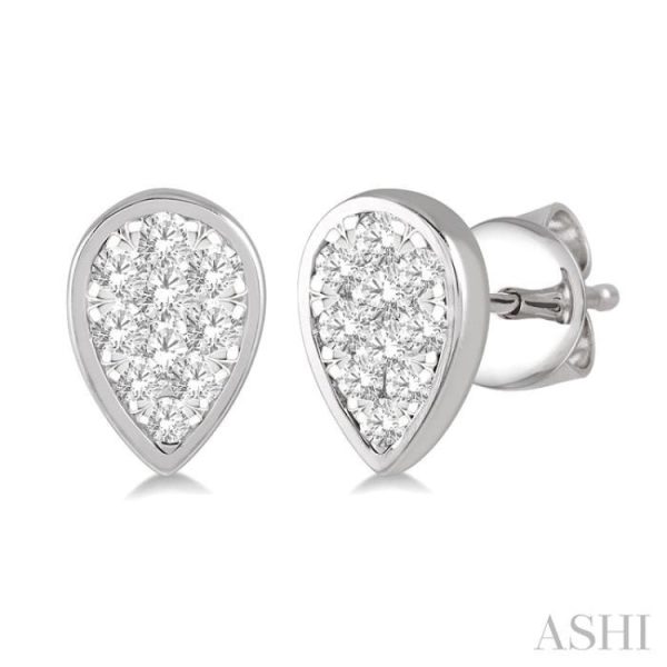 1 3 ctw Pear Shape Lovebright Round Cut Diamond Bezel Stud Earring in 14K White Gold on Sale