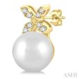 1 20 ctw Petite 4-Petal Flower 5.5 MM Cultured Pearls and Round Cut Diamond Fashion Stud Earring in 10K Yellow Gold For Sale