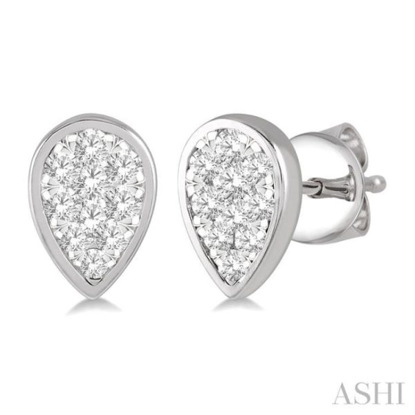 1 2 ctw Pear Shape Lovebright Round Cut Diamond Bezel Stud Earring in 14K White Gold Discount