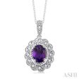 1 20 ctw Oval Cut 8X6 MM Amethyst and Round Cut Diamond Semi Precious Pendant With Chain in Sterling Silver For Sale