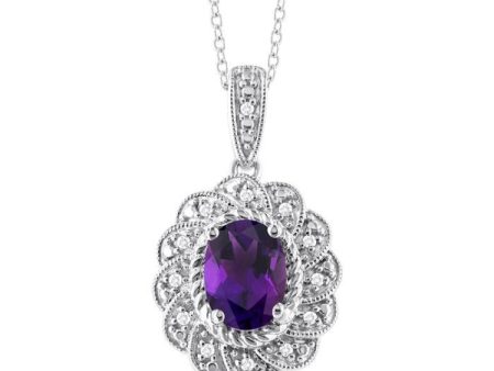 1 20 ctw Oval Cut 8X6 MM Amethyst and Round Cut Diamond Semi Precious Pendant With Chain in Sterling Silver For Sale