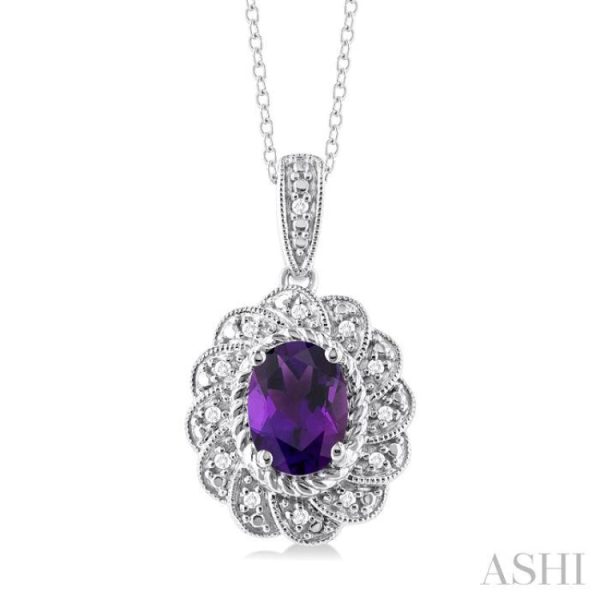 1 20 ctw Oval Cut 8X6 MM Amethyst and Round Cut Diamond Semi Precious Pendant With Chain in Sterling Silver For Sale