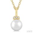 1 20 ctw Petite 6X6 MM Cultured Pearl and Round Cut Diamond Crown Fashion Pendant With Chain in 10K Yellow Gold For Sale