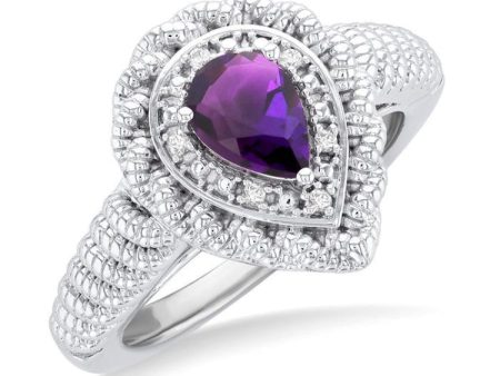 1 20 ctw Pear Cut 7X5 MM Amethyst and Round Cut Diamond Semi Precious Ring in Sterling Silver Hot on Sale