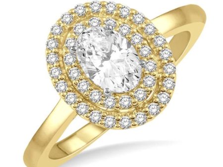 1 2 Ctw Twin Halo Round Cut Diamond Engagement Ring With 1 4 ct Oval Cut Center Stone in 14K Yellow and White Gold on Sale