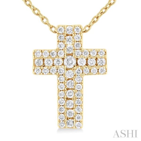 1 4 ctw Cross Round Cut Diamond Fashion Pendant With Chain in 14K Yellow Gold For Cheap